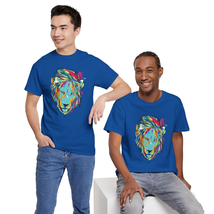 Color Splash Lion Graphic T-Shirt by Printify featuring a vibrant lion design on a casual tee.