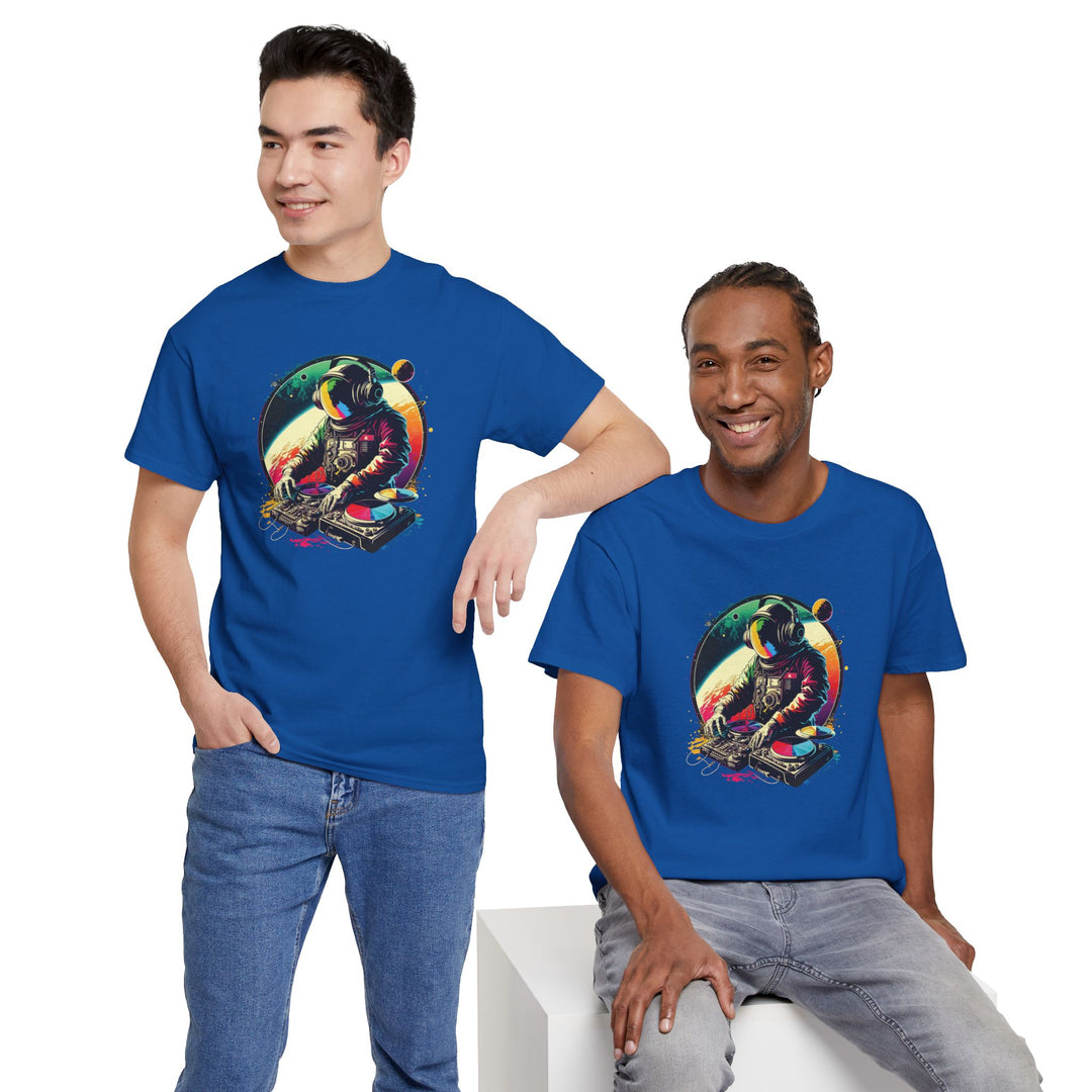 Cosmic DJ astronaut graphic T-shirt by Printify featuring a space-themed design and vibrant colors on a casual t-shirt.