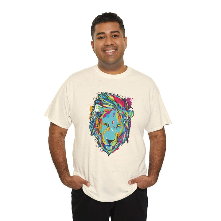 Color Splash Lion Graphic T-Shirt by Printify featuring a vibrant lion design on a comfortable crew neck style.