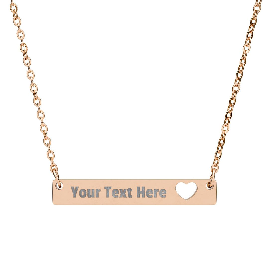 Engraved cutout heart bar necklace from Printify, showcasing a sleek metal chain with a personalized engraved heart pendant.
