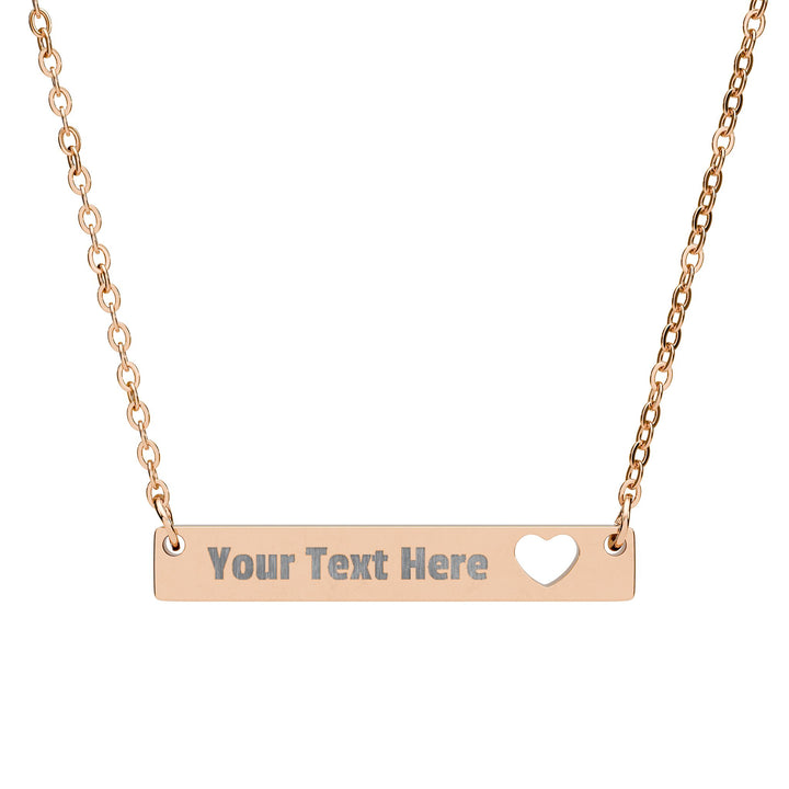 Engraved cutout heart bar necklace from Printify, showcasing a sleek metal chain with a personalized engraved heart pendant.