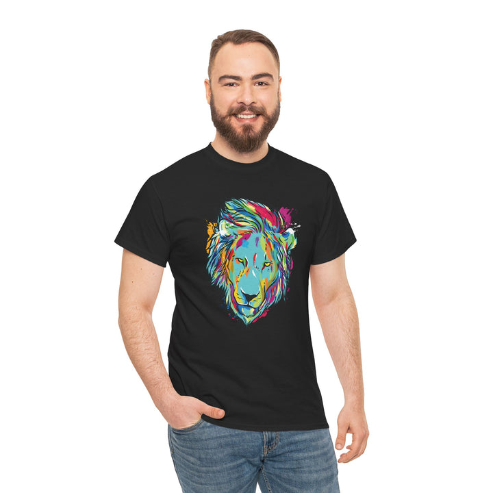 Color Splash Lion Graphic T-Shirt by Printify featuring a vibrant lion design on a soft, casual tee.