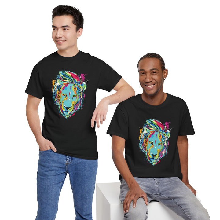 Color Splash Lion Graphic T-Shirt by Printify featuring a vibrant lion design on a comfortable cotton tee.