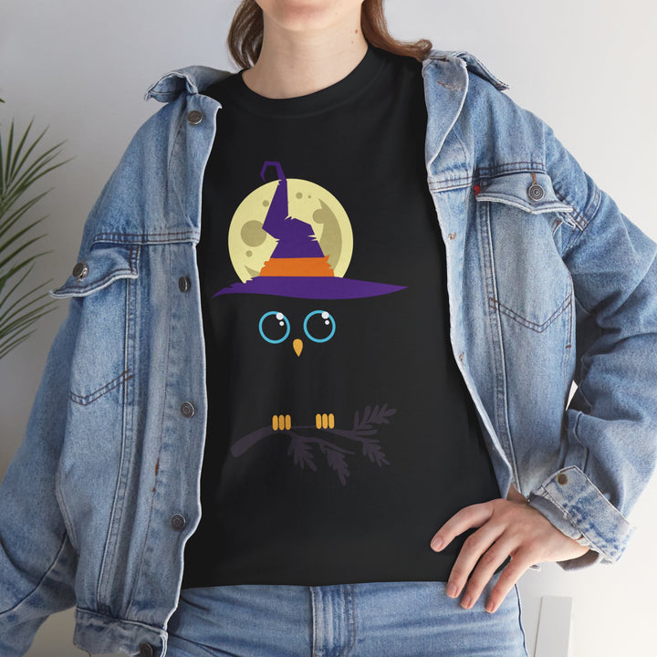 Cute Owl with Witch Hat Unisex Heavy Cotton Tee