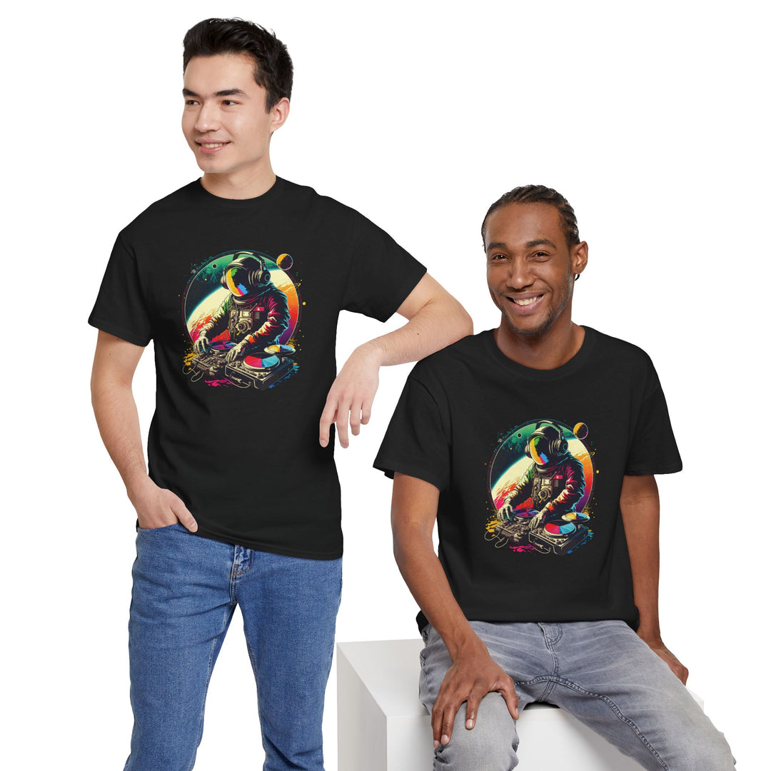 Cosmic DJ Astronaut graphic T-shirt by Printify featuring a space-themed astronaut design on a casual black T-shirt.