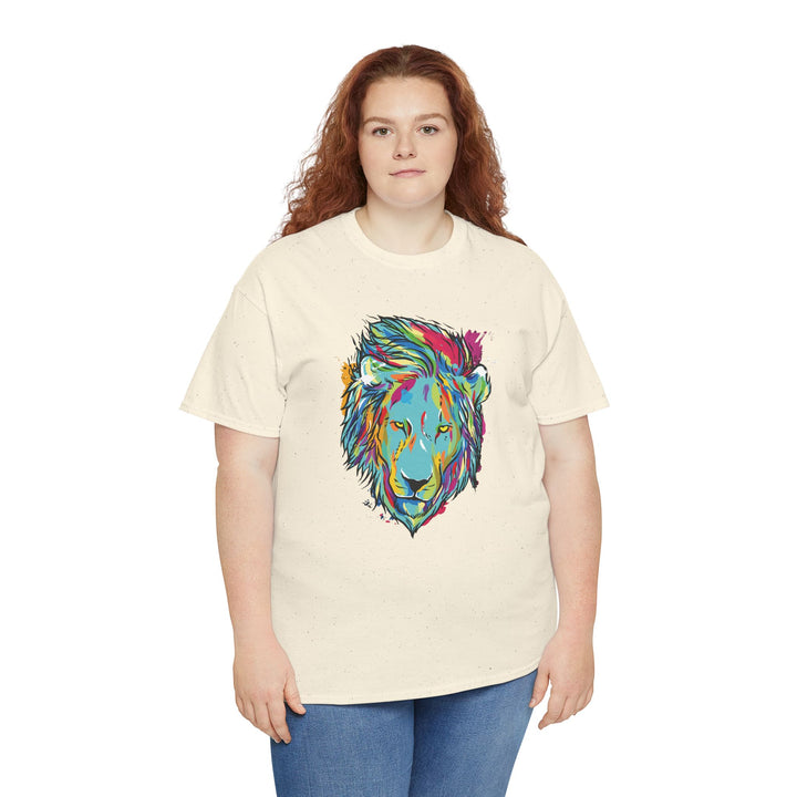 Color Splash Lion Graphic T-Shirt by Printify featuring a vibrant lion design on a comfortable fabric.