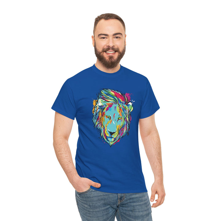 Color Splash Lion Graphic T-Shirt by Printify featuring a vibrant lion design on a casual tee.