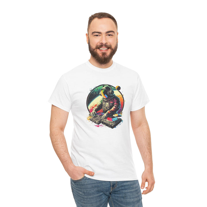Cosmic DJ Astronaut graphic T-shirt by Printify featuring space-themed astronaut and musical elements on a black cotton tee.