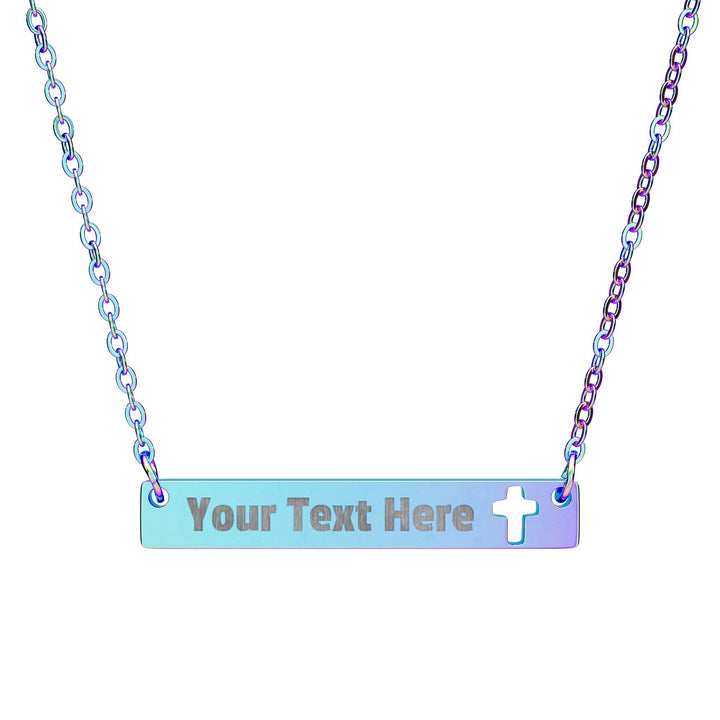 Engraved cross cutout bar necklace from Printify, showcasing a sleek silver accessory with detailed cross design.
