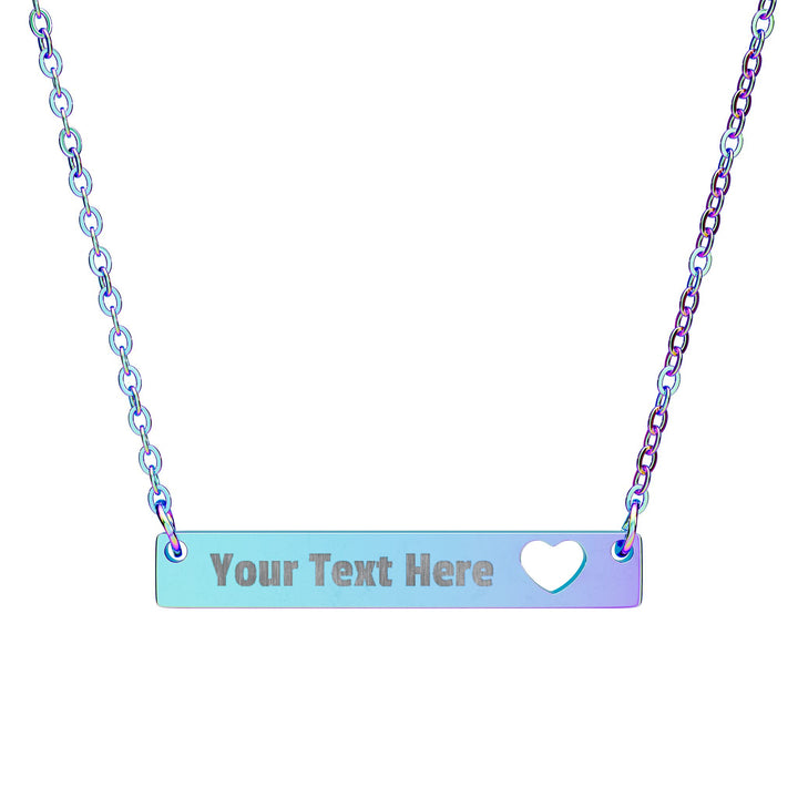 Engraved cutout heart bar necklace from Printify, featuring a sleek silver chain and personalized engraved heart pendant.
