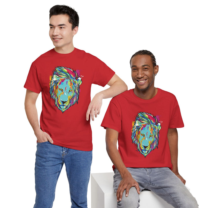 Color Splash Lion Graphic T-Shirt by Printify featuring a vibrant lion design on a soft cotton fabric.