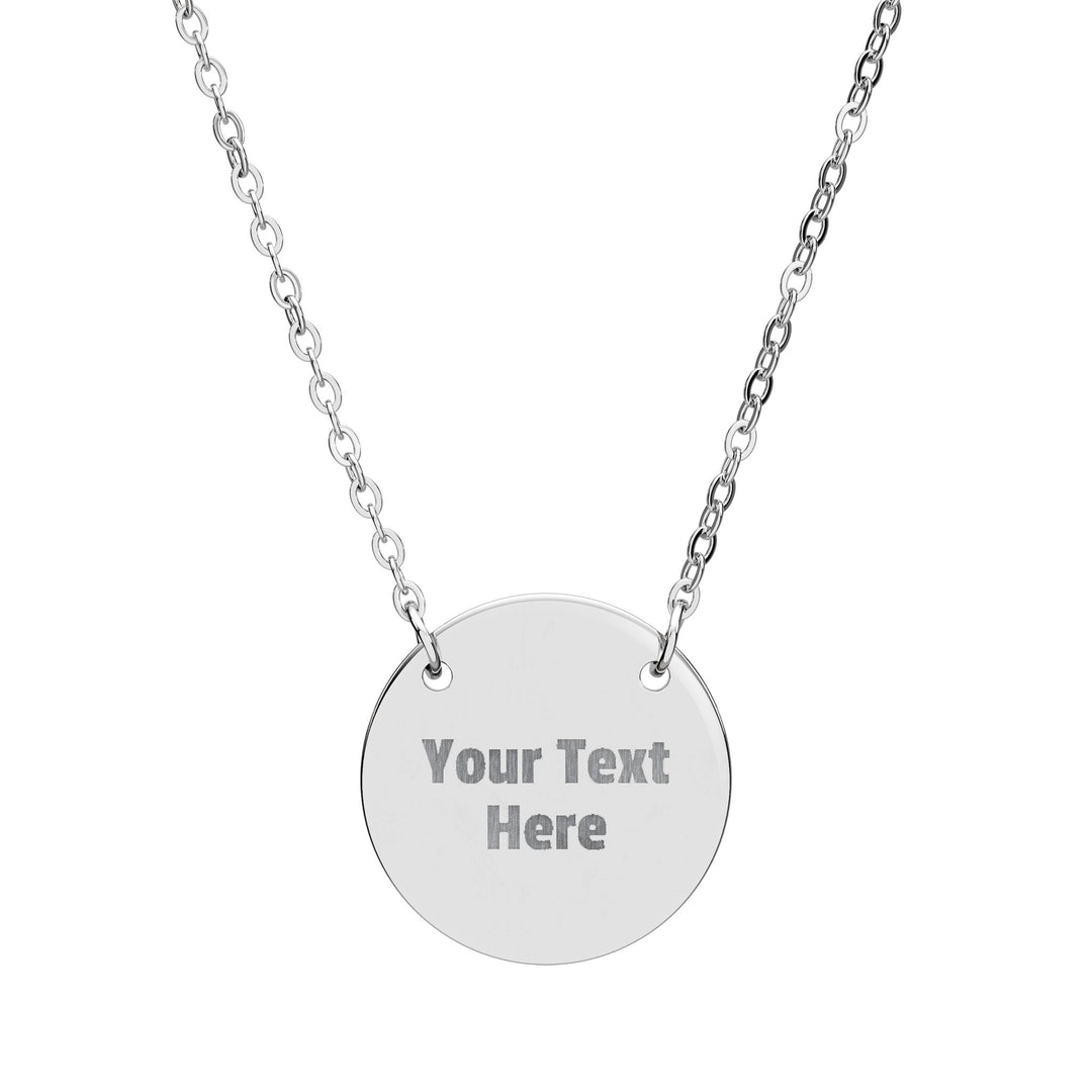 Engraved circle pendant necklace from Printify, showcasing a sleek silver accessory with detailed engraving on a delicate chain.