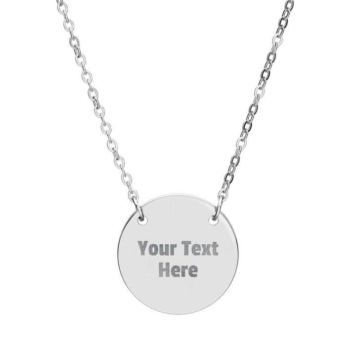 Engraved circle pendant necklace from Printify, showcasing a sleek silver accessory with detailed engraving on a delicate chain.