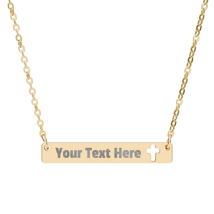 Engraved cross cutout bar necklace from Printify, showcasing a sleek metal accessory with a detailed cross design.