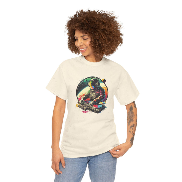 Cosmic DJ Astronaut graphic T-shirt by Printify featuring a space-themed astronaut design on a casual T-shirt.