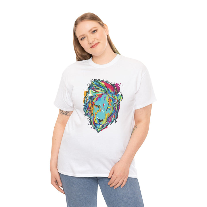 Color Splash Lion Graphic T-Shirt by Printify featuring a vibrant lion graphic on a casual t-shirt design.