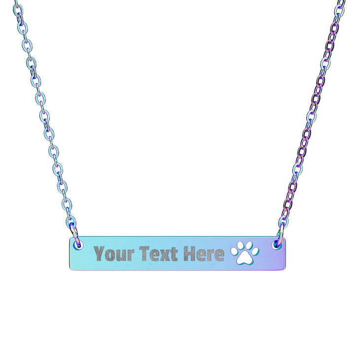 Silver engraved paw print cutout bar necklace, accessories by Printify, featuring a sleek design with paw print engraving.