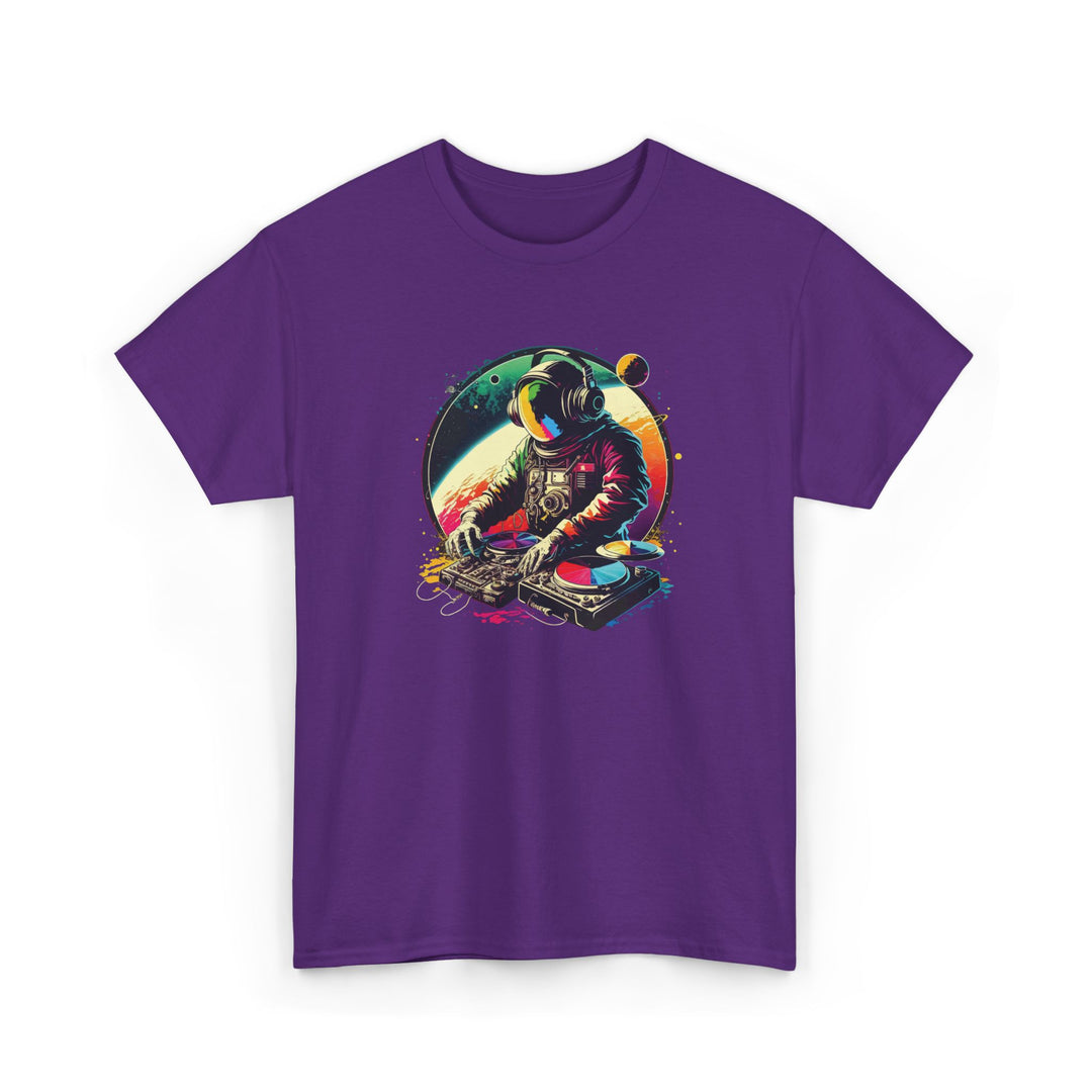 Printify Cosmic DJ Astronaut graphic T-Shirt featuring a colorful space-themed design on a comfortable cotton tee.