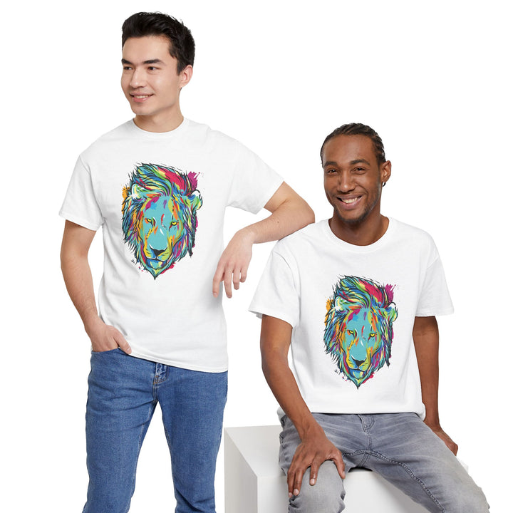 Color Splash Lion Graphic T-Shirt by Printify featuring a vibrant lion design on a casual tee.