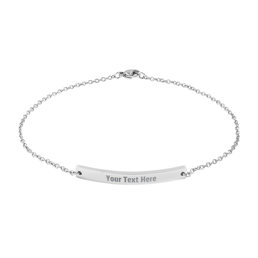 Engraved curved bar anklet by Printify, showcasing a delicate design with a personalized touch on a model's ankle.