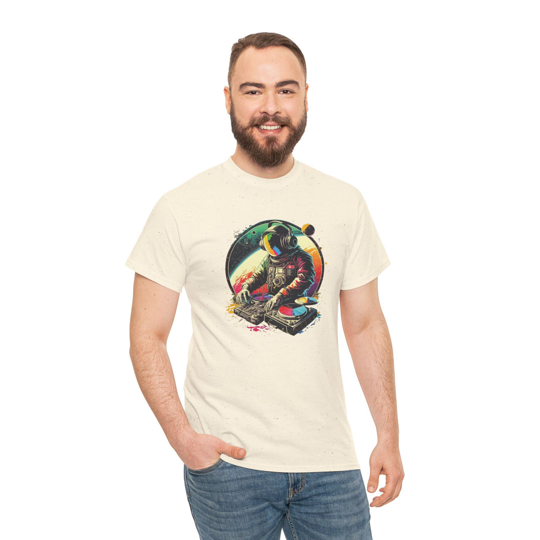 Cosmic DJ Astronaut graphic T-shirt by Printify, featuring a space-themed design with a DJ astronaut on the front.