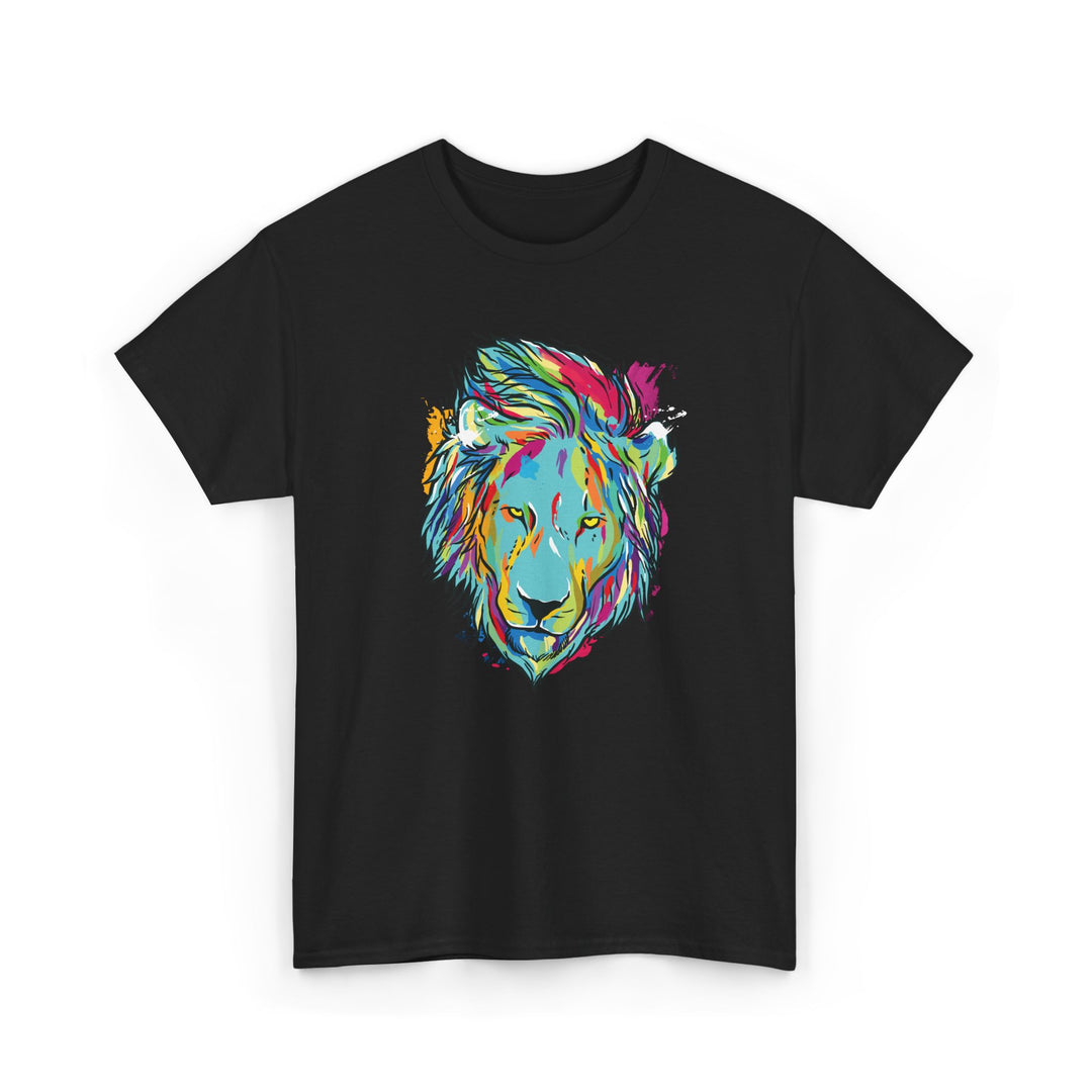 Color Splash Lion Graphic T-Shirt by Printify featuring a vibrant lion design on a soft fabric.