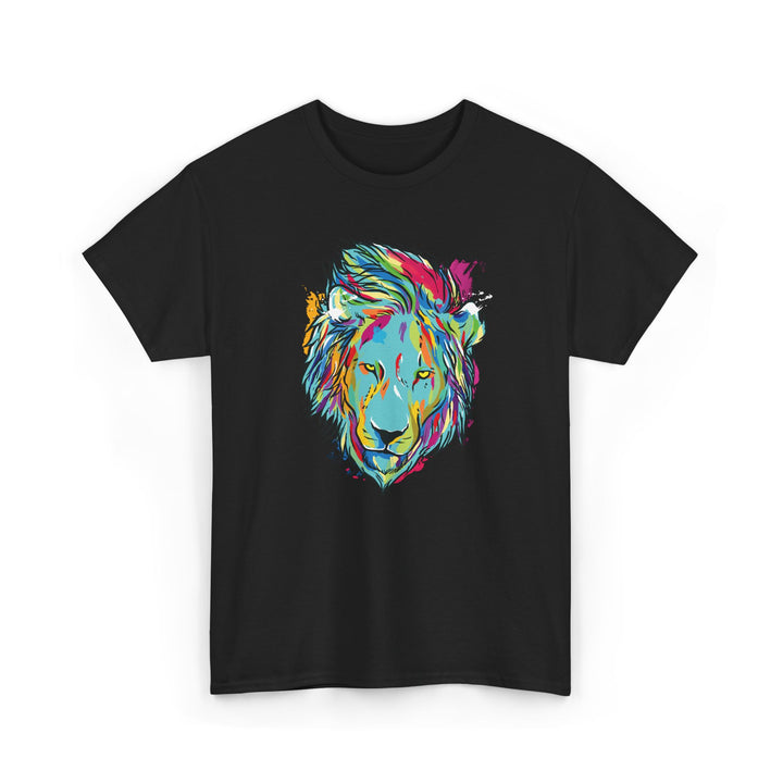 Color Splash Lion Graphic T-Shirt by Printify featuring a vibrant lion design on a soft fabric.