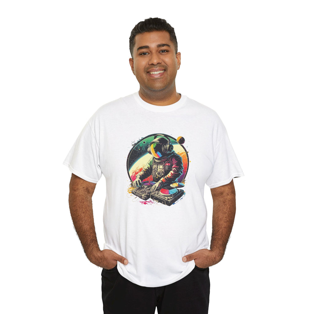 Cosmic DJ Astronaut graphic T-shirt by Printify featuring a space-themed astronaut design on a casual cotton tee