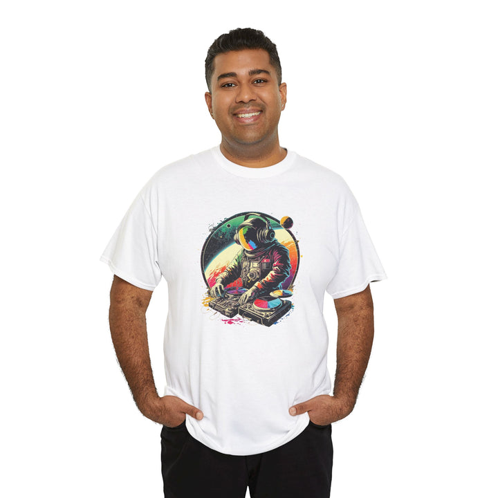 Cosmic DJ Astronaut graphic T-shirt by Printify featuring a space-themed astronaut design on a casual cotton tee
