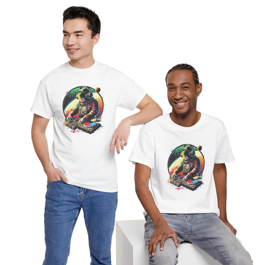 Cosmic DJ Astronaut graphic T-shirt by Printify showing a space-themed astronaut with a cosmic background.