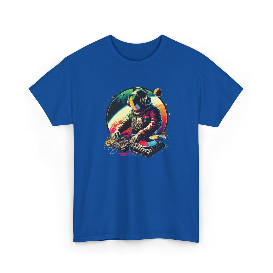 Cosmic DJ Astronaut graphic T-shirt from Printify featuring a space-themed design with an astronaut and musical elements.