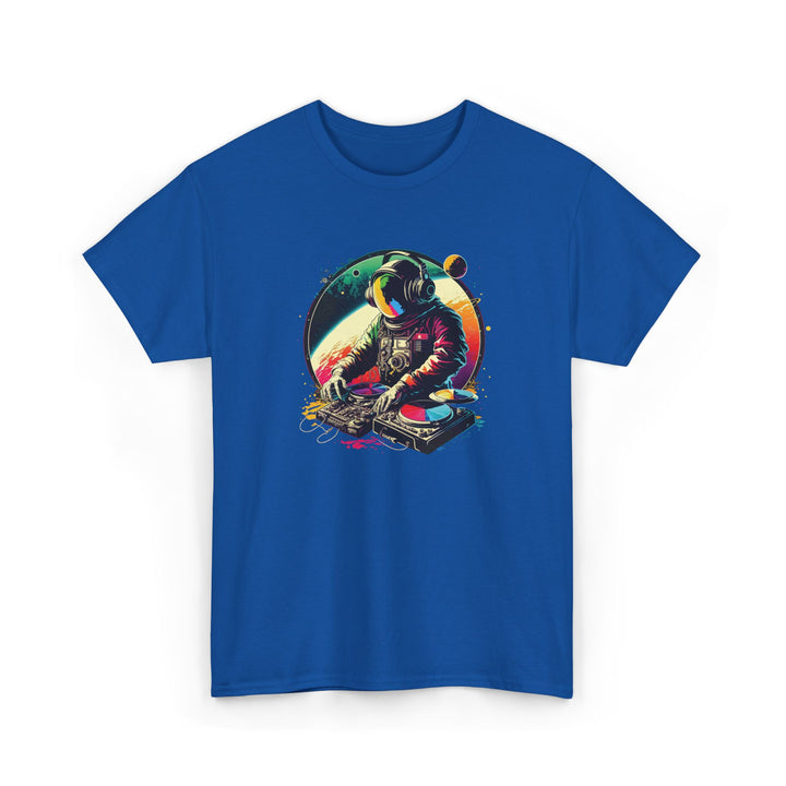 Cosmic DJ Astronaut graphic T-shirt from Printify featuring a space-themed design with an astronaut and musical elements.