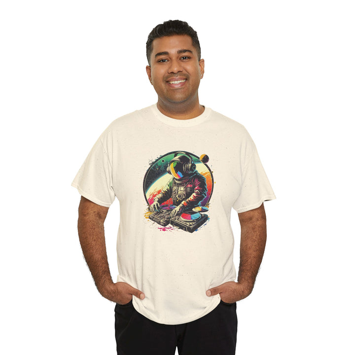 Black Cosmic DJ Astronaut graphic T-shirt by Printify featuring a space-themed astronaut design on soft cotton fabric