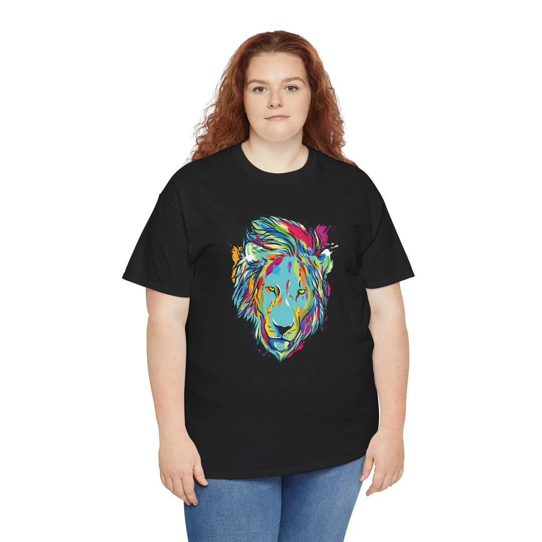Color Splash Lion graphic T-shirt by Printify featuring a vibrant lion design on a casual tee.
